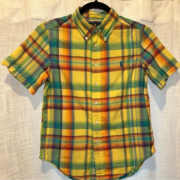 Ralph Lauren Youth Boys M 10/12 Short Sleeve Button Up Shirt Yellow Plaid Collar - Picture 2 of 7